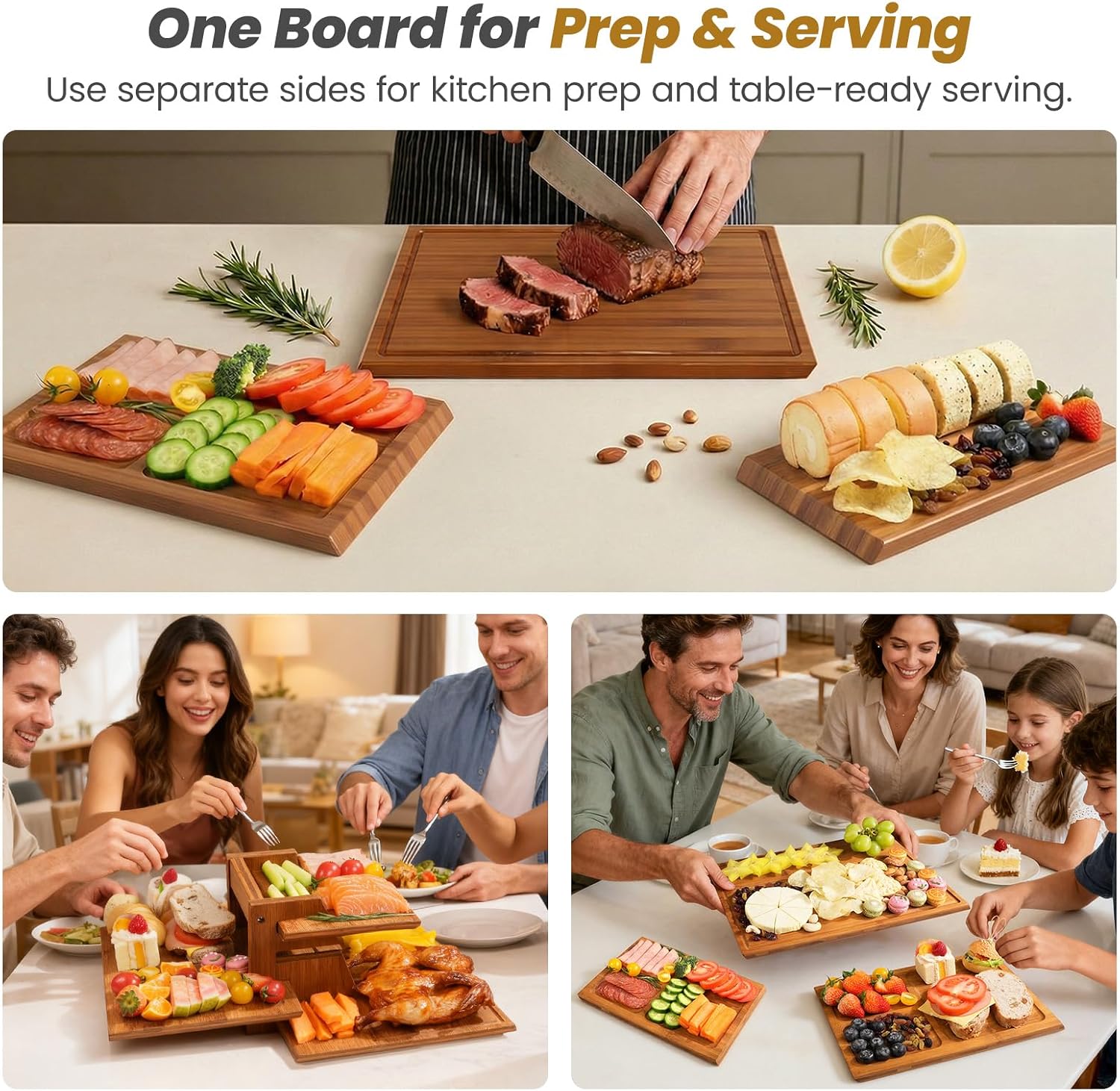 Meal Prep Cutting - ชุดเขียงไม้ไผ่พร้อมขาตั้ง, เขียงสองด้าน 3 ชิ้น สำหรับเตรียมอาหารและเสิร์ฟในครัว, ชาร์คูเทอรี,