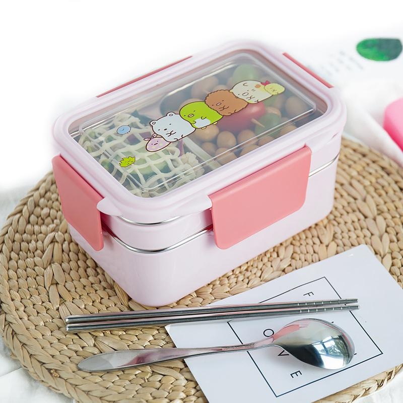 Meal Prep Lunch Boxes - สุ่มรูปแบบการ์ตูนกล่องอาหารกลางวันสแตนเลส Double Layer อาหารแบบพกพาเด็กปิคนิคโรงเรียน Bento
