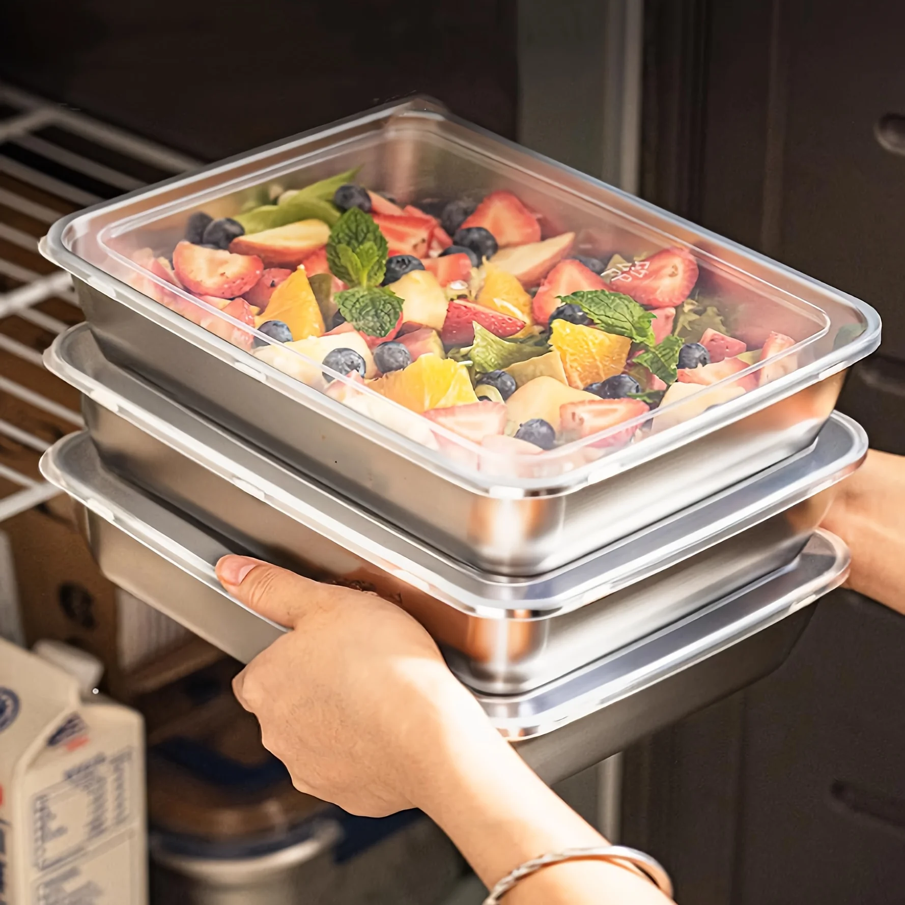 Meal Prep Lunch Boxes - กล่องใส่อาหารสแตนเลส 3 ชิ้น & กล่องอาหารกลางวัน ฝาปิดใสกันรั่วซึม